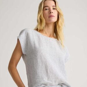 Quince 100% Linen Striped Top Blue White NWT Short Sleeve Relaxed Fit XL